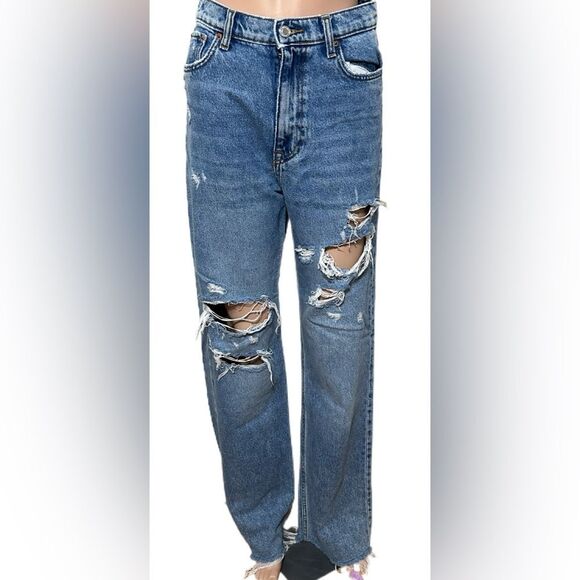 ZARA Womens Jrans 4 Distressed Ripped Wide Leg Blue Streetwear Denim - Picture 2 of 8